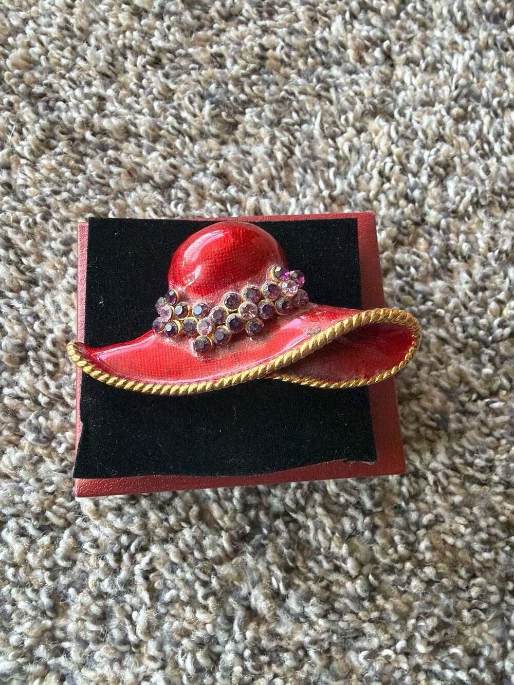 Vintage Red Hat Society Red Enamel Hat Brooch with Purple Rhinestones